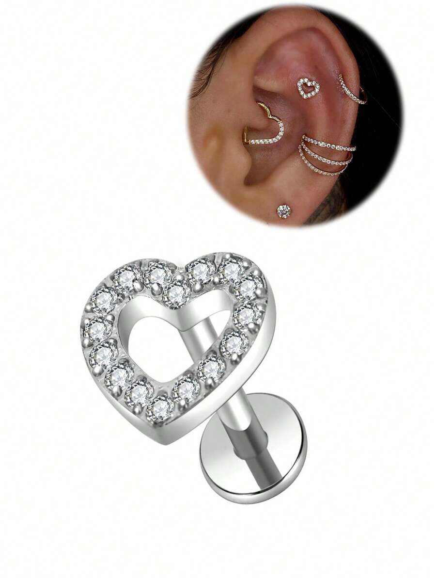 1 peça Brincos de cartilagem tragus de coração, joias labret, parte traseira plana, brincos de cartilagem helix, joias de piercing para mulheres, rosca interna, 8 mm, presente feminino para o dia dos namorados