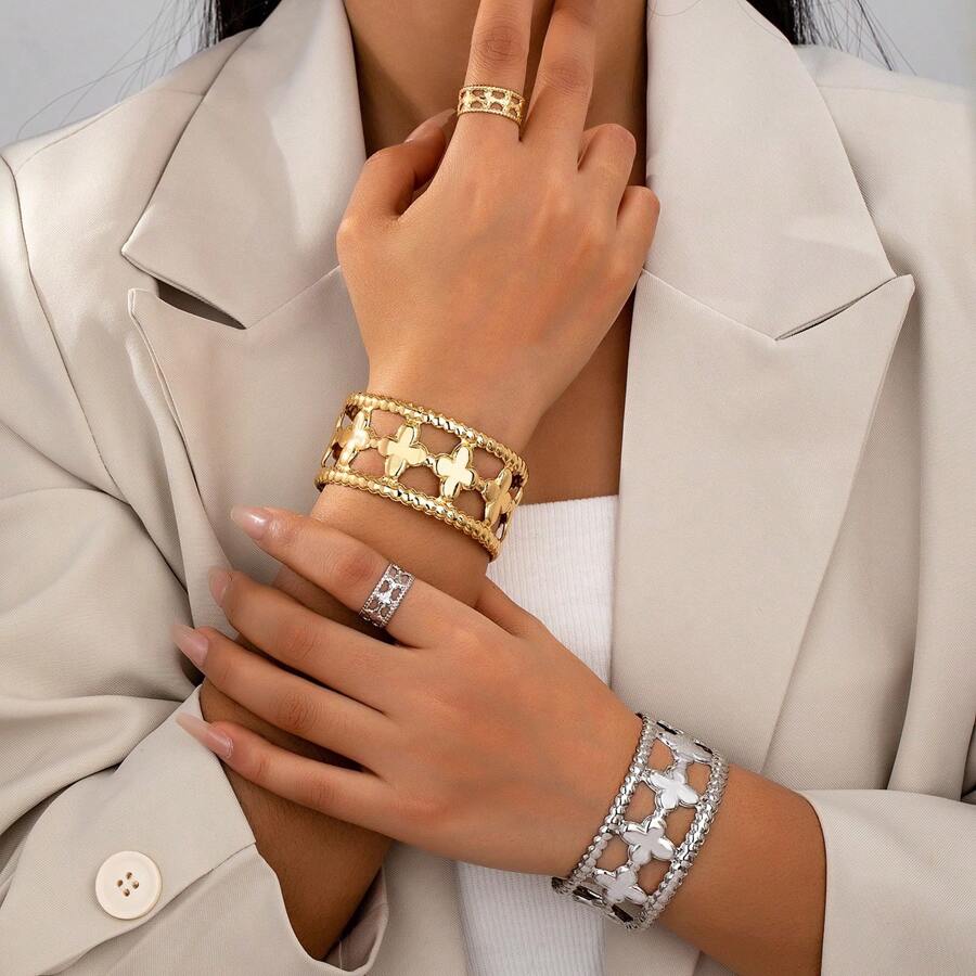 1 Bracelet + 1 Ring Set, Creative Fashion Lucky Clover Splicing Open Bangle Cocktail Ring