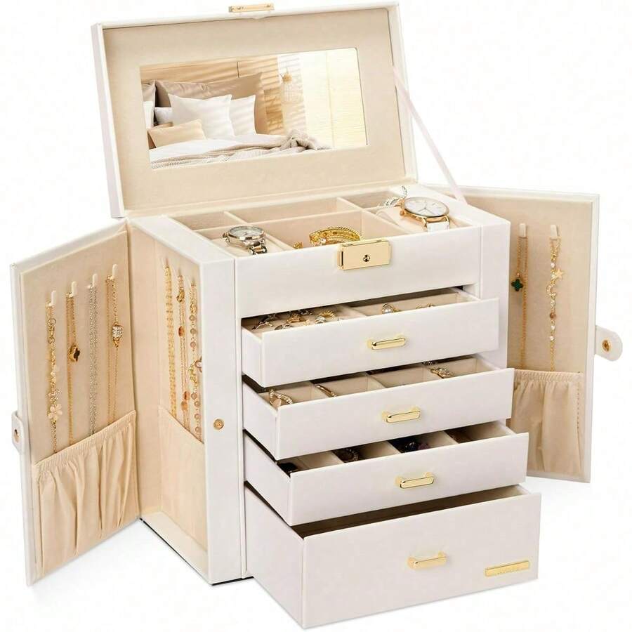Leather Huge Jewelry Box Mirrored Watch Organizer Necklace Ring Earring Storage Lockable Gift Case (White + Gold)