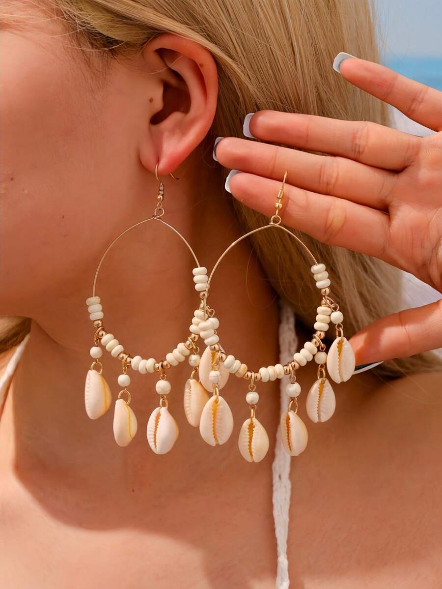 1 par de pendientes de aro colgantes con conchas y cuentas, estilo playa de verano para mujer, aretes a juego para vacaciones en la playa de estilo casual