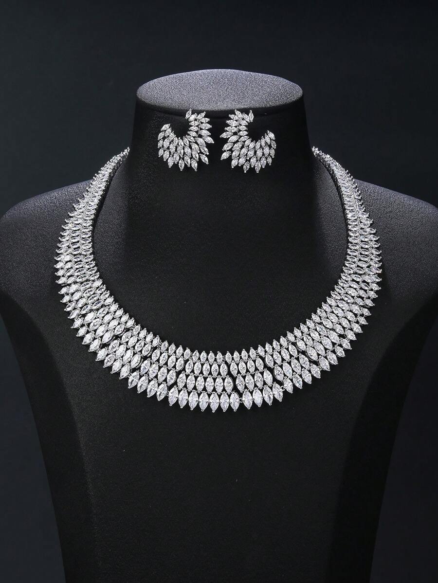 1 Set 3pcs Luxurious Cubic Zirconia Jewelry Set - Necklace And Earrings, Perfect Accessory For Wedding Dress, Evening Gown, Party, Ceremony, Bride