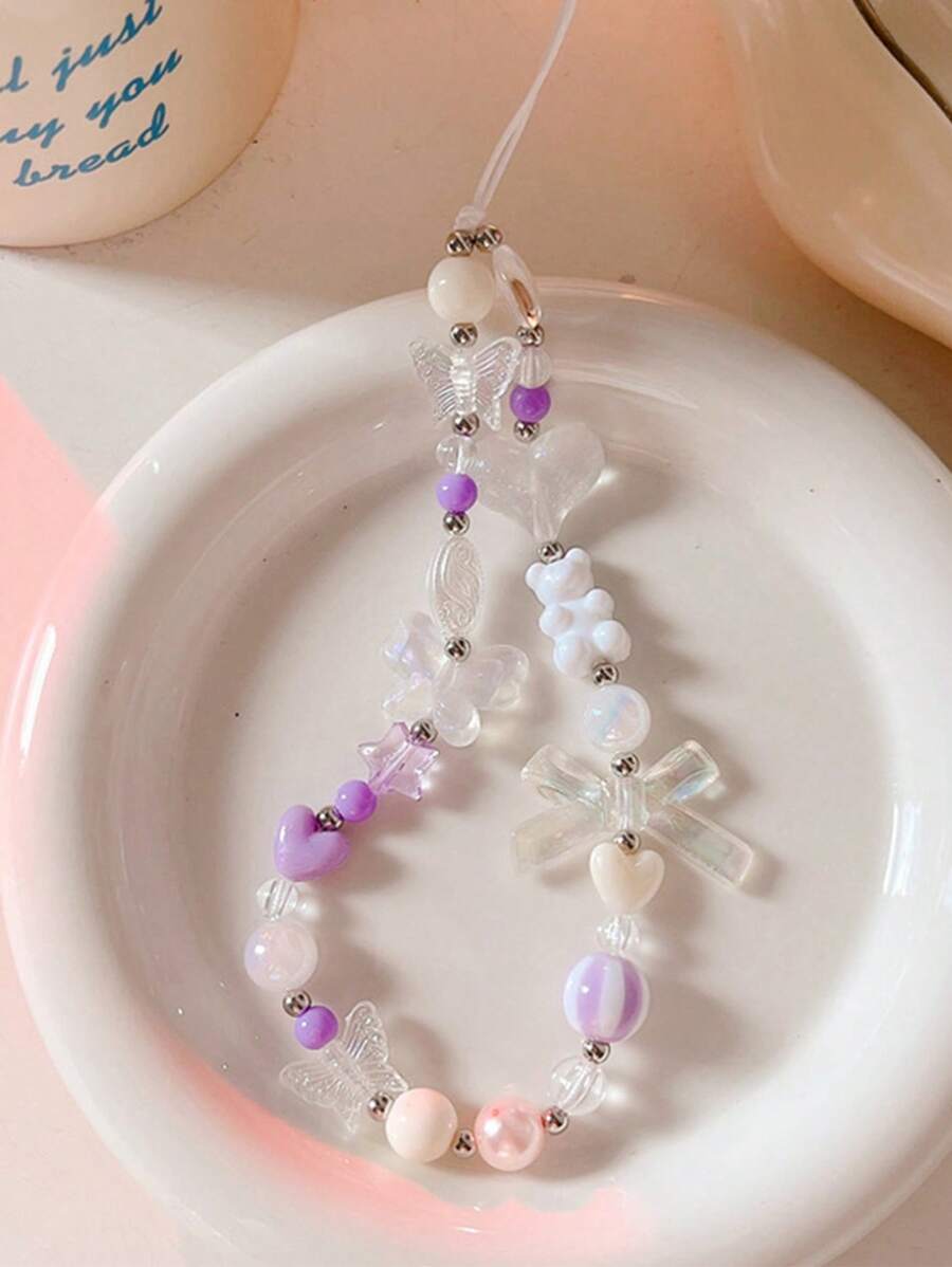 Fresh Small Beaded Bracelet With Bowknot & Purple Flower Pendant, Handmade Chain, Detachable Strap, Anti-Lost Lanyard