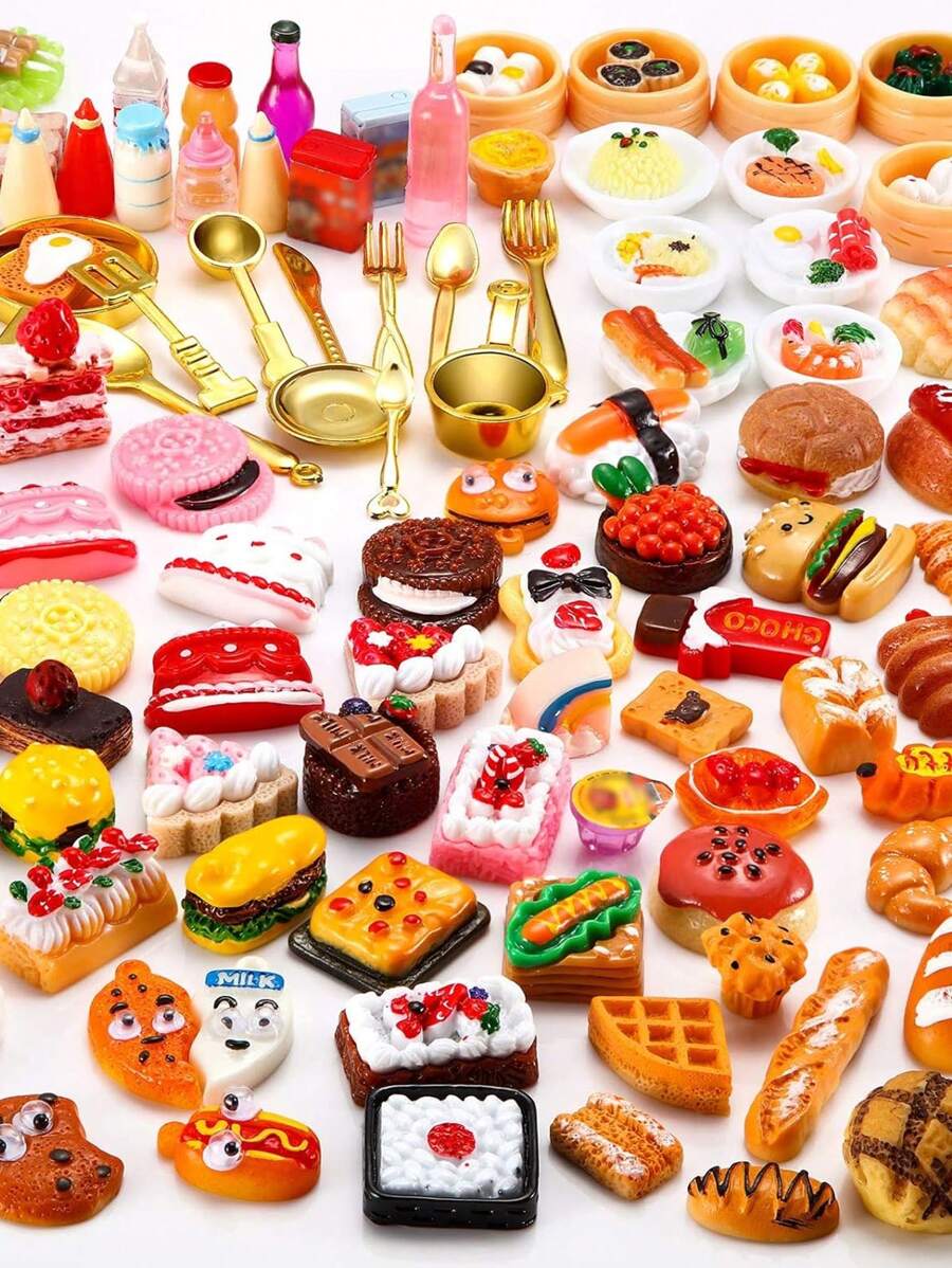 50pcs Mini Simulation Food Beverage Mixed Resin Food - Mini Kitchen Pretend Game Adult Mini Food Set (Random)
