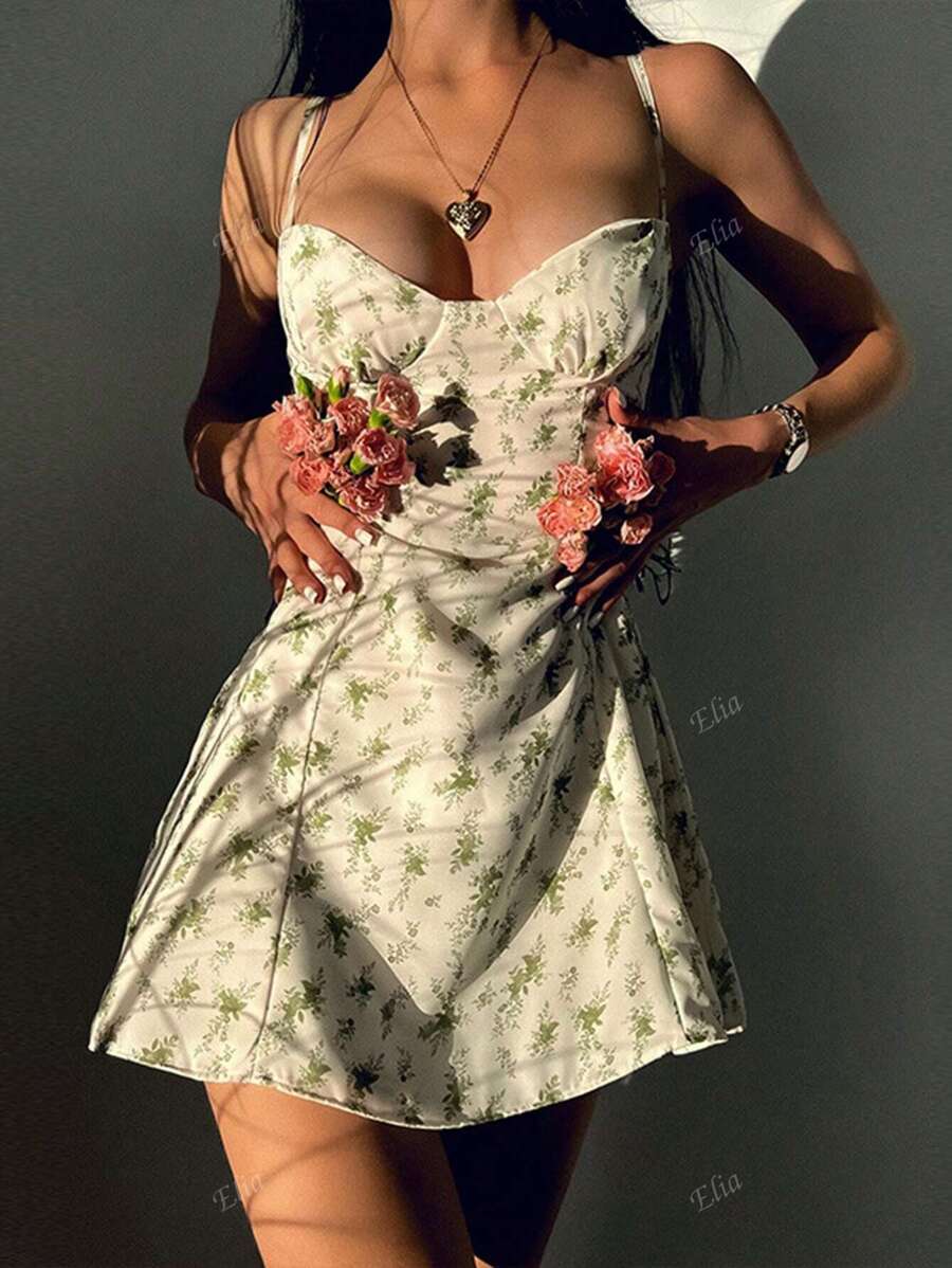 Women's Sleeveless Short Skirt With Small Floral Straps And Backless Sexy A-Line Dress, Spring And Summer Style, Sexy, Simple, Sleeveless, Backless