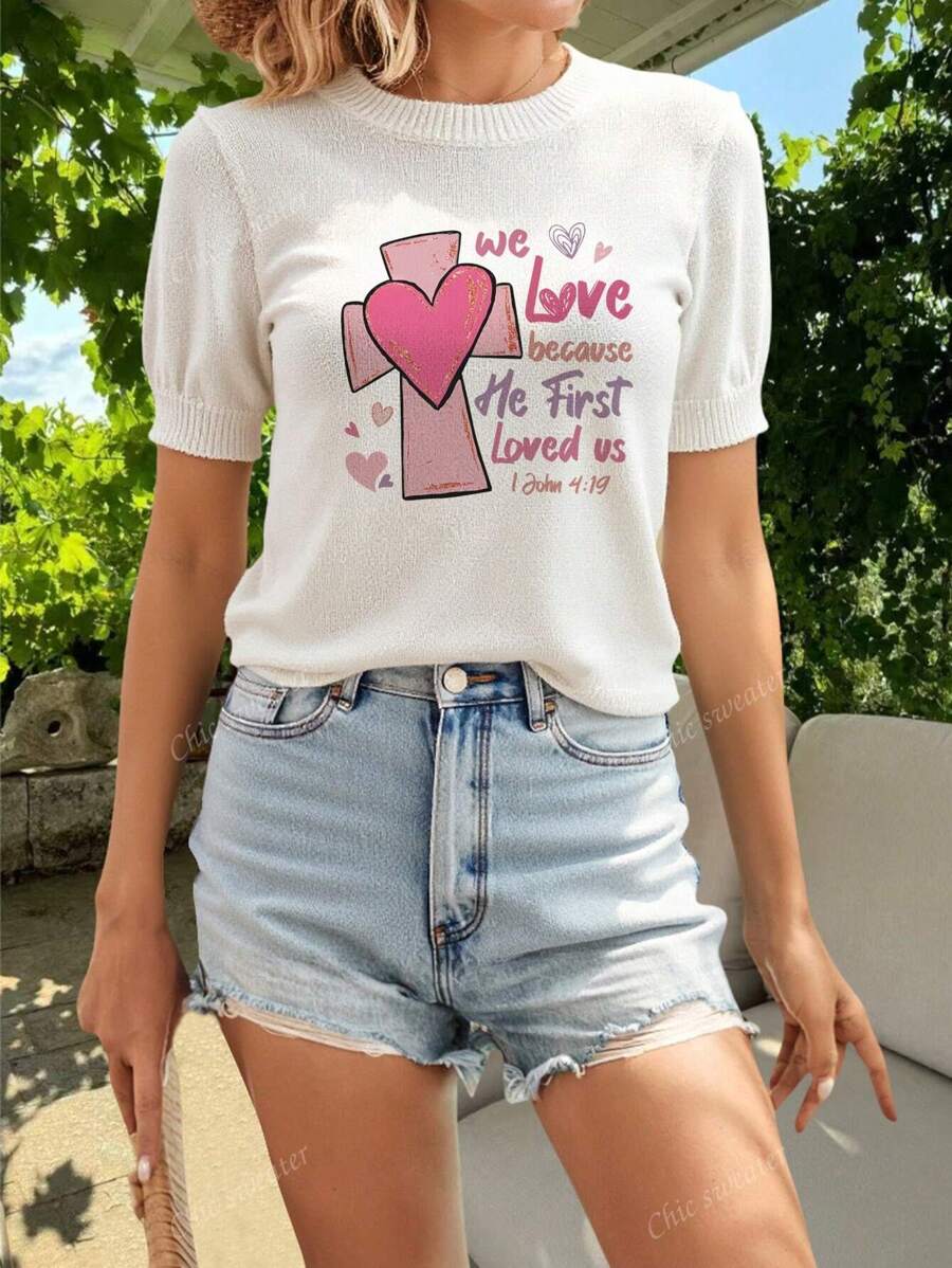 Spring And Summer New Round Neck Women T Shirts Short-Sleeved Love Pattern Print ,White Summer T Shirts,Simple Stylish,Suitable For Commuting,Summer Women Tops,Daily Dressing