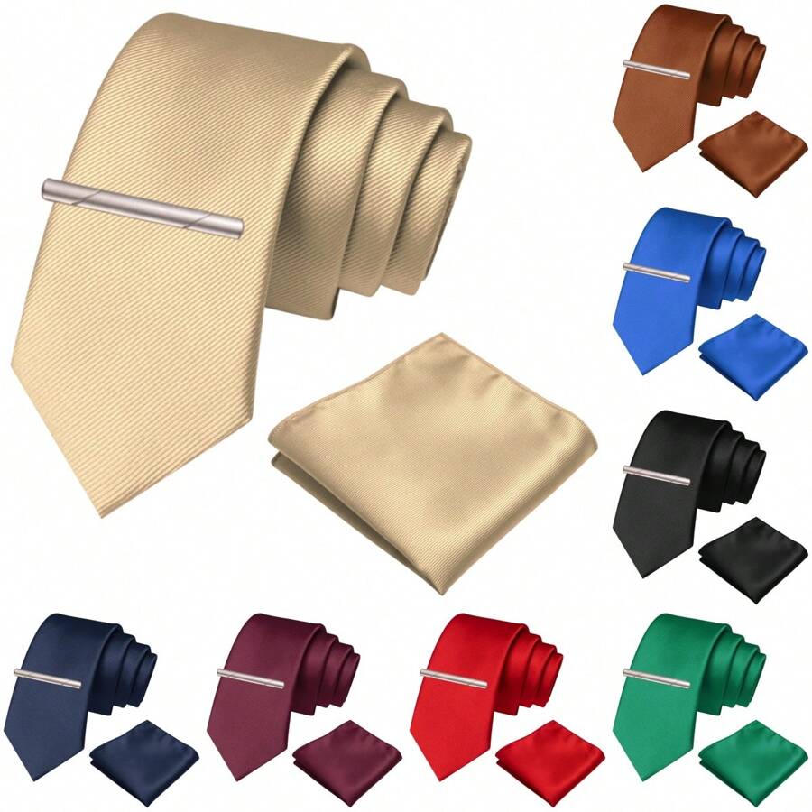 3-Piece Set: 2.36inch(6cm) Narrow Tie, Pocket Square, Tie Clip, Classic Combination, Men's Slim Fit Solid Color Silk Jacquard Tie Set, Suitable As Men's Gift, Suitable For Formal Occasions Such As Parties, Weddings, And Photo Shoots