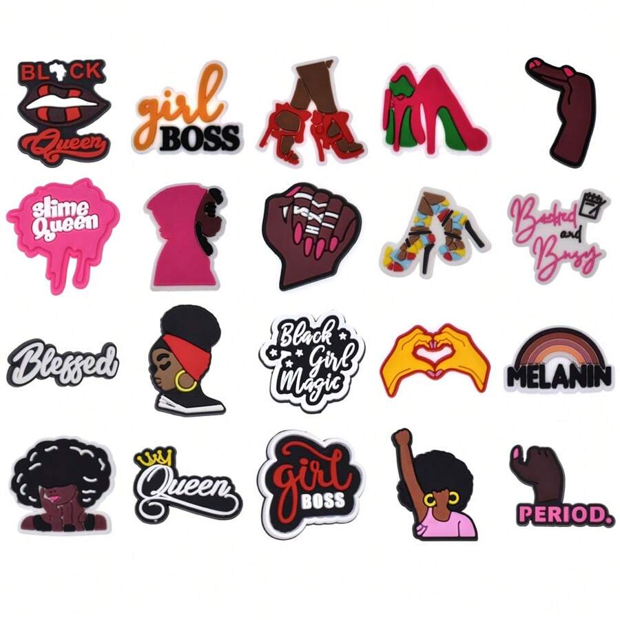 20PCS/SET Cute Black Queen Series PVC Shoe Charms, Pink Nails High Heels Heart Red Lips Shoe Decoration Shoe Accessories Party Gifts