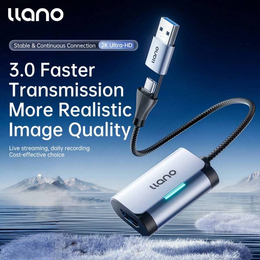 Llano USB/Type-C 3.0 2-In-1 HD Video Capture Card, To USB C Audio Video Recording In 1080P@60Hz 2K@30Hz , Compatible With Multiple Devices For Laptop/SLR Camera Live Streaming