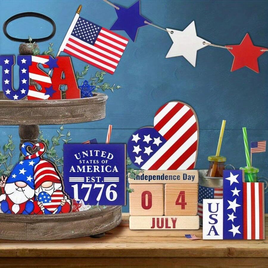 Ensemble de décoration de plateau à couches pour le 4 juillet, décoration de plateau patriotique avec mini-gnomes, drapeau américain, pour le centre de table de ferme du jour de l'indépendance