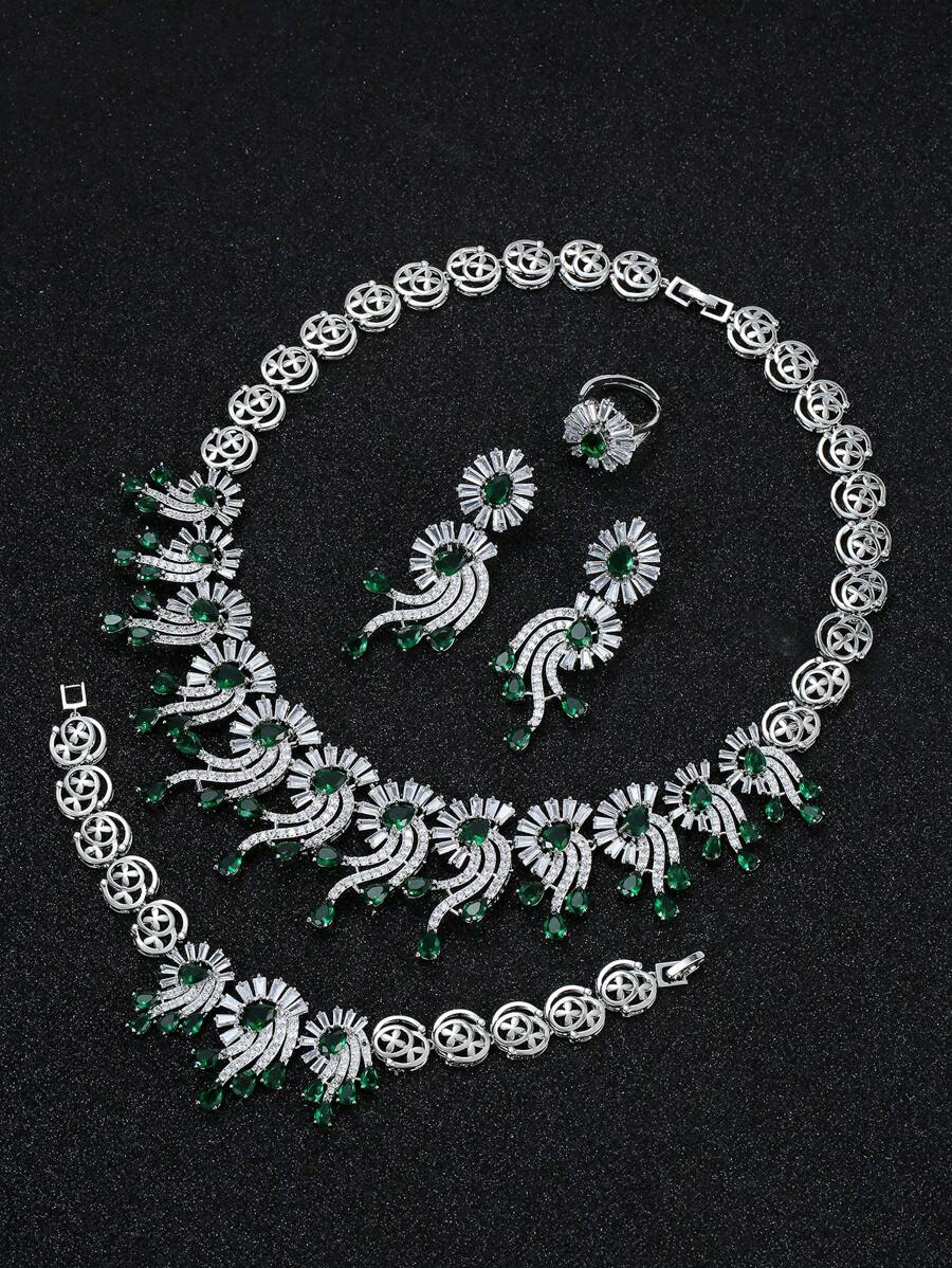 Green Cubic Zirconia Necklace Earrings Ring Bracelet Jewelry Set, Bridal Wedding Formal Party Wear, Birthday/Holiday Gift For Women