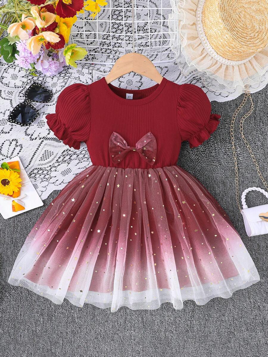 Zomermeisjes Sweet Lady Puff Sleeves Strik Pailletten Mesh Feestjurkje