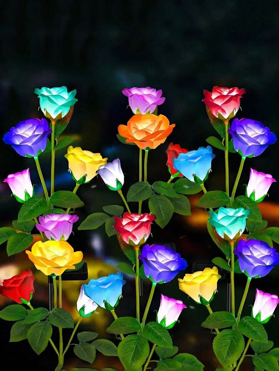 2pcs 4-Head Rose Waterproof Decorative LED Solar Wooden Post Lights, 7-Color Changing Landscape Lights, A Bunch Of 4-Head Waterproof Rose Lights, Garden And Garden Wedding Party Decorative Lights, Outdoor Garden Lighting For Pathway, Yard, Patio