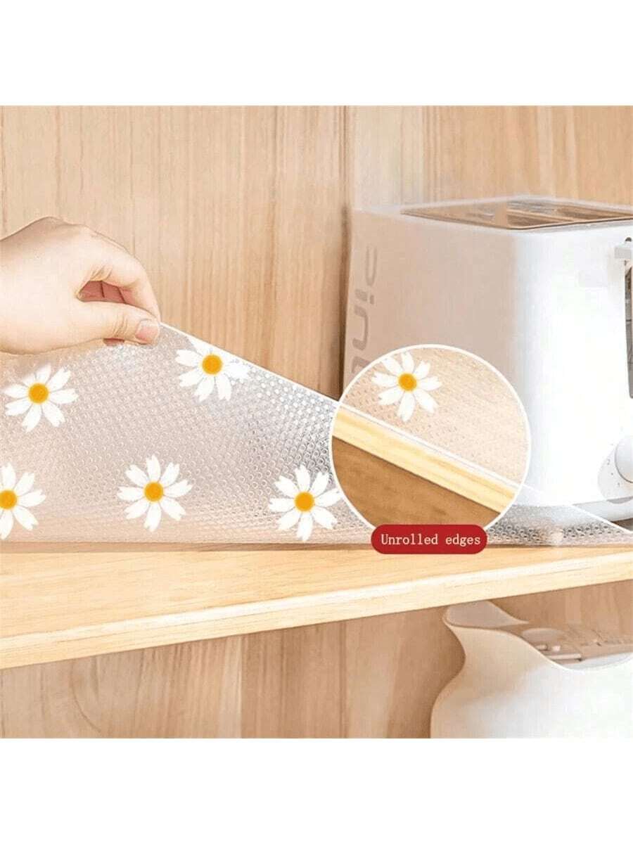 1roll Chrysanthemum Pattern Shelf Liner, Non-Adhesive Drawer Liner, Non-Slip Refrigerator Mat, Waterproof EVA Cabinet Liner, Easy To Clean Kitchen Mat