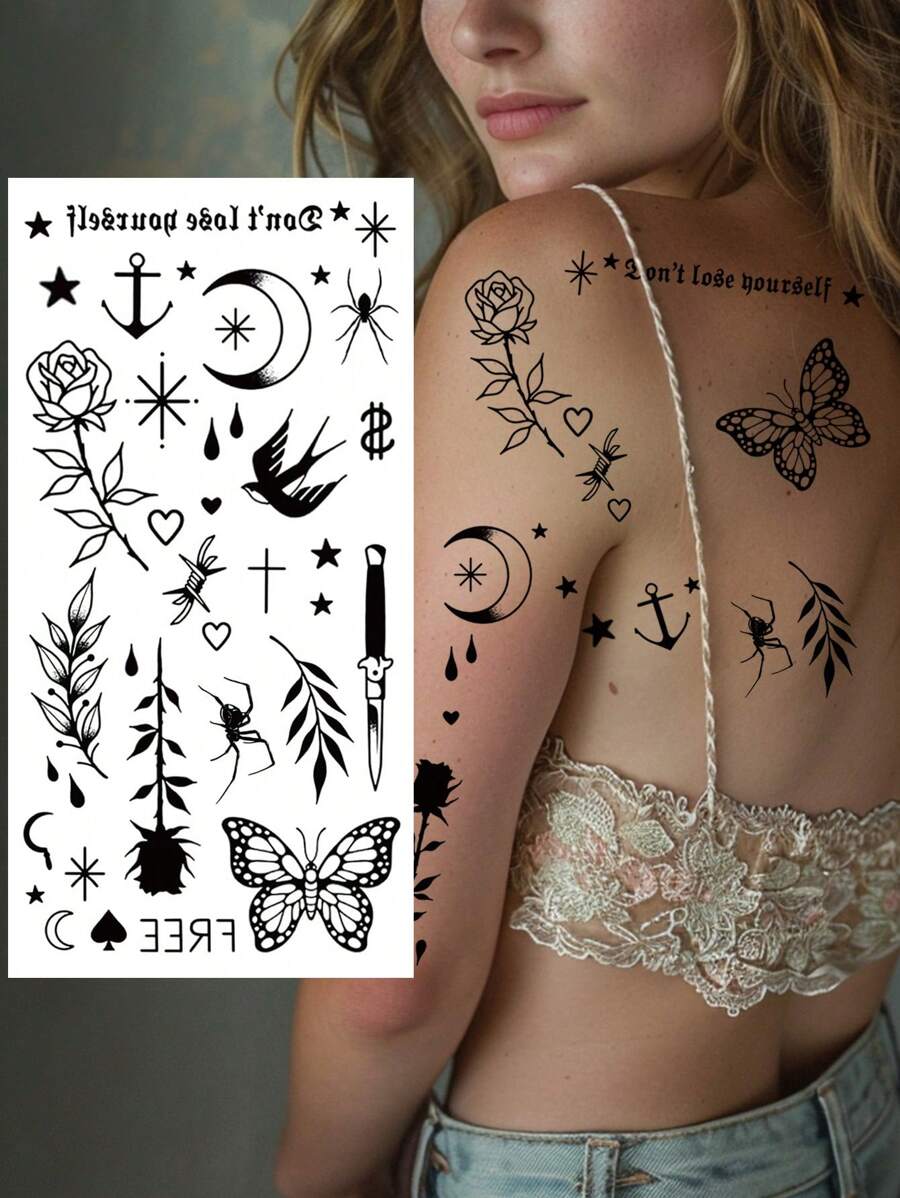 1 pièce de tatouage temporaire mixte pour femmes, autocollant d'art corporel imperméable, avec des motifs réalistes et sexy de fleurs, papillons, étoiles, lune, feuilles, etc.