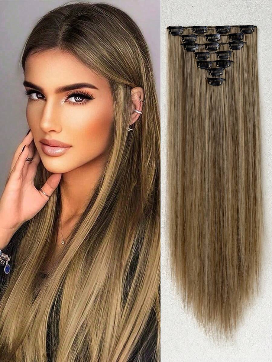Extensiones de cabello con clip, 16 clips, 22 pulgadas, conjunto de 7 piezas, extensiones de cabello recto y largo con destellos marrón para mujeres, extensiones de cabello sintético y pelucas