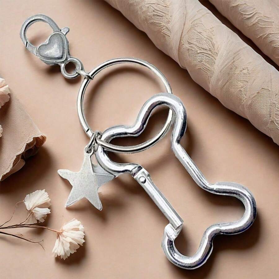 Street 1pc Metallic Silver Cute Bone & Star Shaped Pendant Keychain For Y2K Millennium Girl Bag Decoration Valentine's Day Valentines Car Accessories Bag Charm Backpack For School