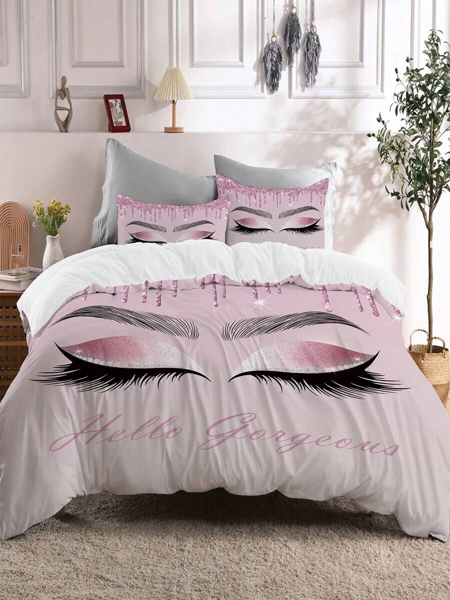 3pcs Eyelash & Slogan Pattern Duvet Cover Set, Soft Polyester, All-Season Zipper Closure, Machine Washable, Digital Print, Includes 1 Duvet Cover And 2 Pillowcases