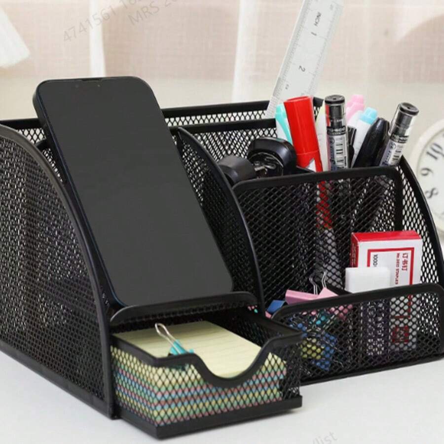 7-Grid Desk Drawer Organizer, Metal Pen Holder, Multi-Functional Desktop Storage Box With Memo Holder, Suitable For Office, Home, And School Desks
