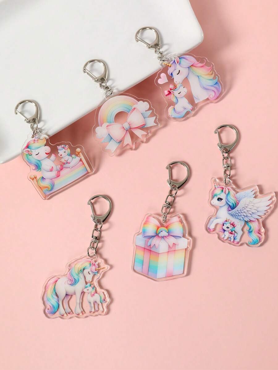6 pièces Porte-clés acryliques style licorne, pendentifs thème licorne colorés de 4,6 * 8,5 cm pour la décoration des cadeaux d'anniversaire, de révélation du sexe d'un nouveau-né, sacs-cadeaux, sacs tissés, fêtes d'anniversaire