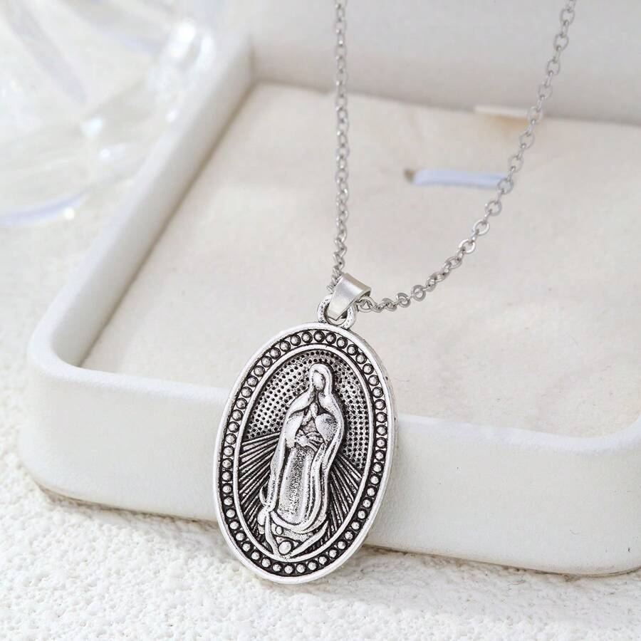 1 pieza Collar con colgante de la Virgen María en tono plateado antiguo, adecuado para uso diario de mujeres
