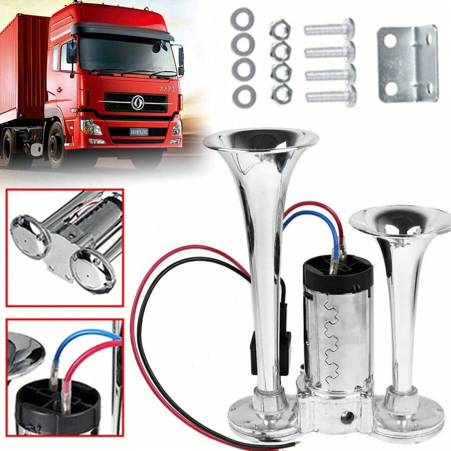 New 12V 600DB Dual Trumpets Electric Horn Super Loud Air Horn Car Horns Kit With Compressor Replacement For Truck Boat Train Speaker Cars Van Ship Chrome