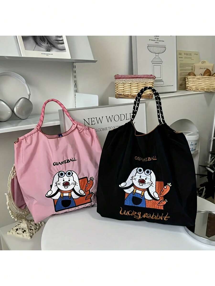 1 st. Nieuwe Casual Geborduurde Leuke Konijnenpatroon Lichtgewicht Opvouwbare Nylon Boodschappentas, Geschikt Voor Feest, Reizen, Winkelen En Strand Tote Bag