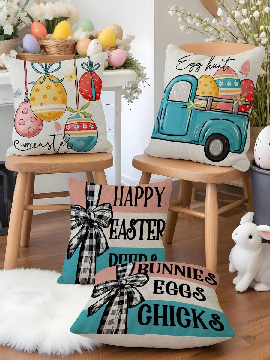 1pc/4pcs Easter Bunny Egg Car Sofa Pillow Case, HD Printed Linen Throw Pillow Cover, Easter Decorations For Car Home Living Room, Bedroom, Sofa, 17.7*17.7 Inch/45x45cm (Without Pillow Insert) Gifts Birthday Graduation