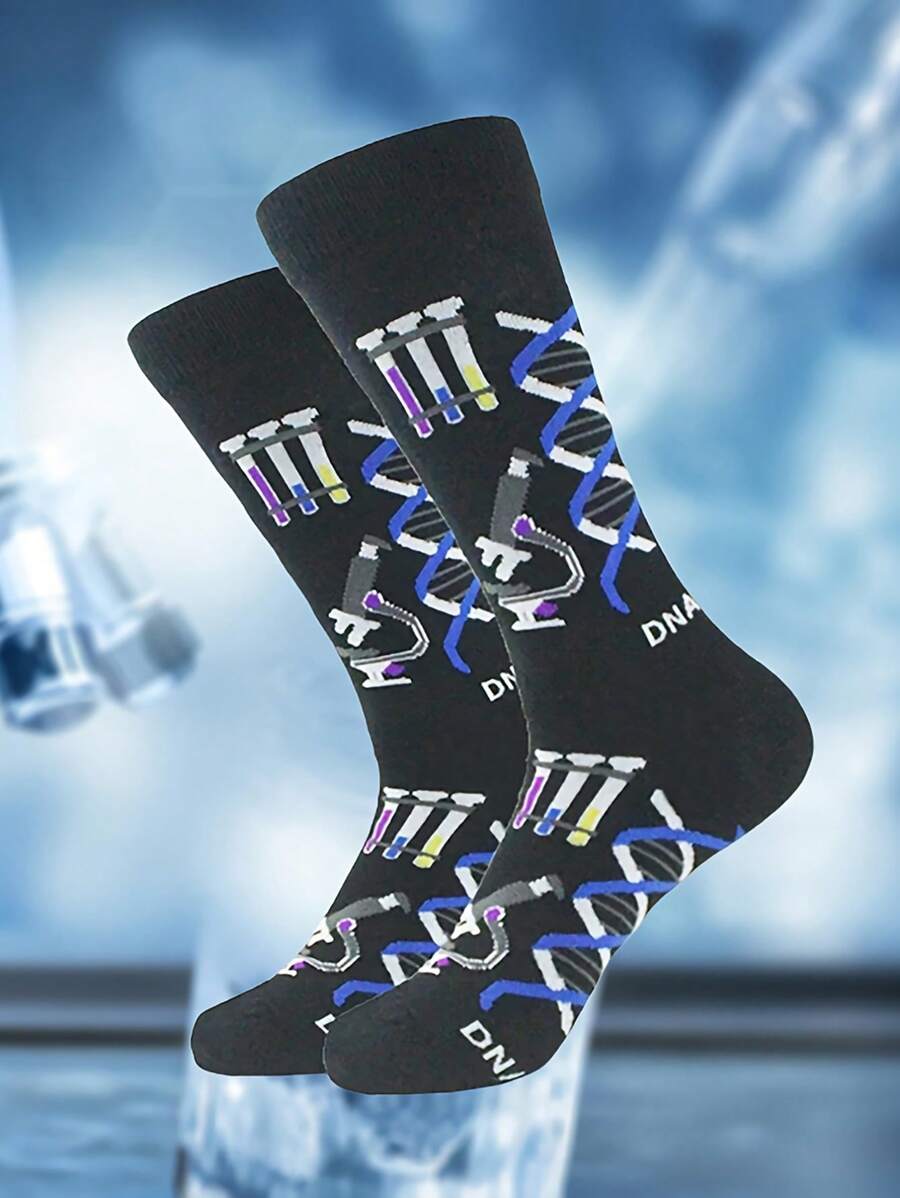 Calcetines de tripulación de moda científica para hombres con impresión de microscopio y ADN genético con inspiración de laboratorio