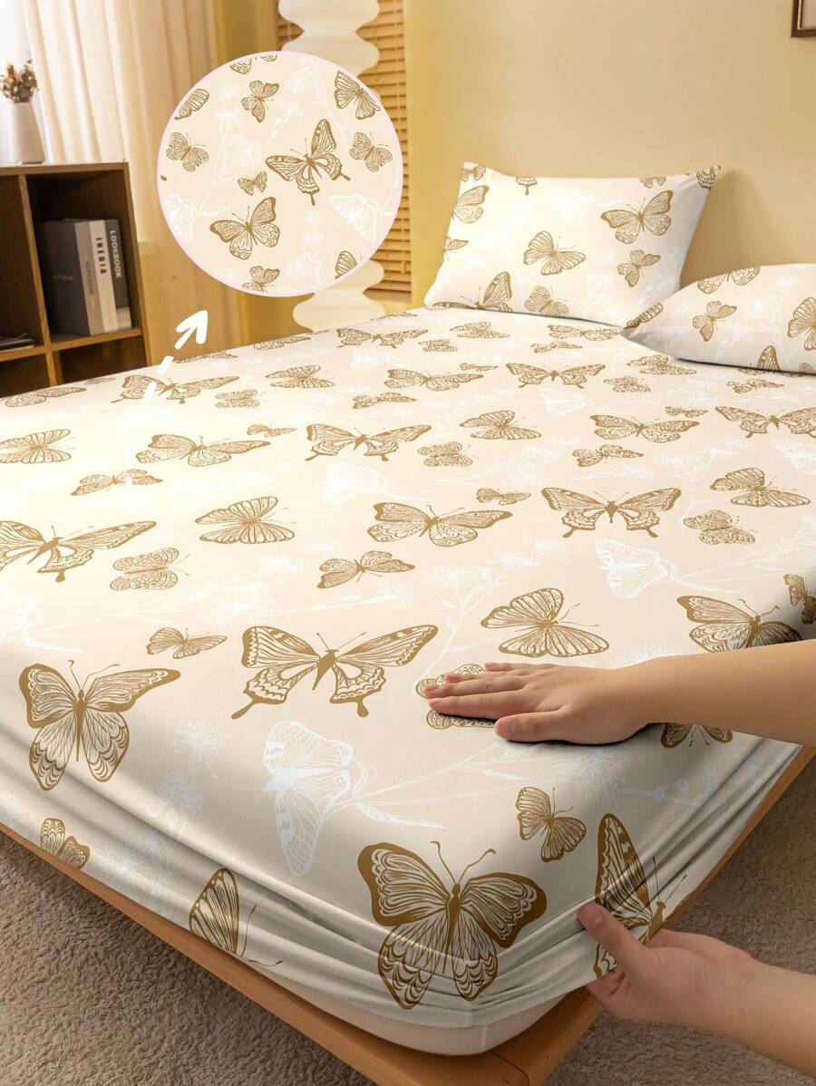 1pc Minimalist Modern Butterfly Print Brushed Fitted Sheet, Bedroom Printed Bed Cover, Mattress Cover, Mattress Protector, Bedding Set (Excluding Pillowcase)