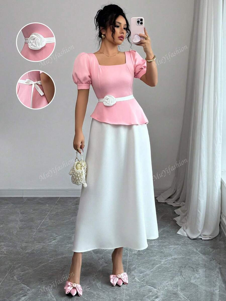 Floral Decor Zipper Puff Sleeve Square Neck Woven Dress