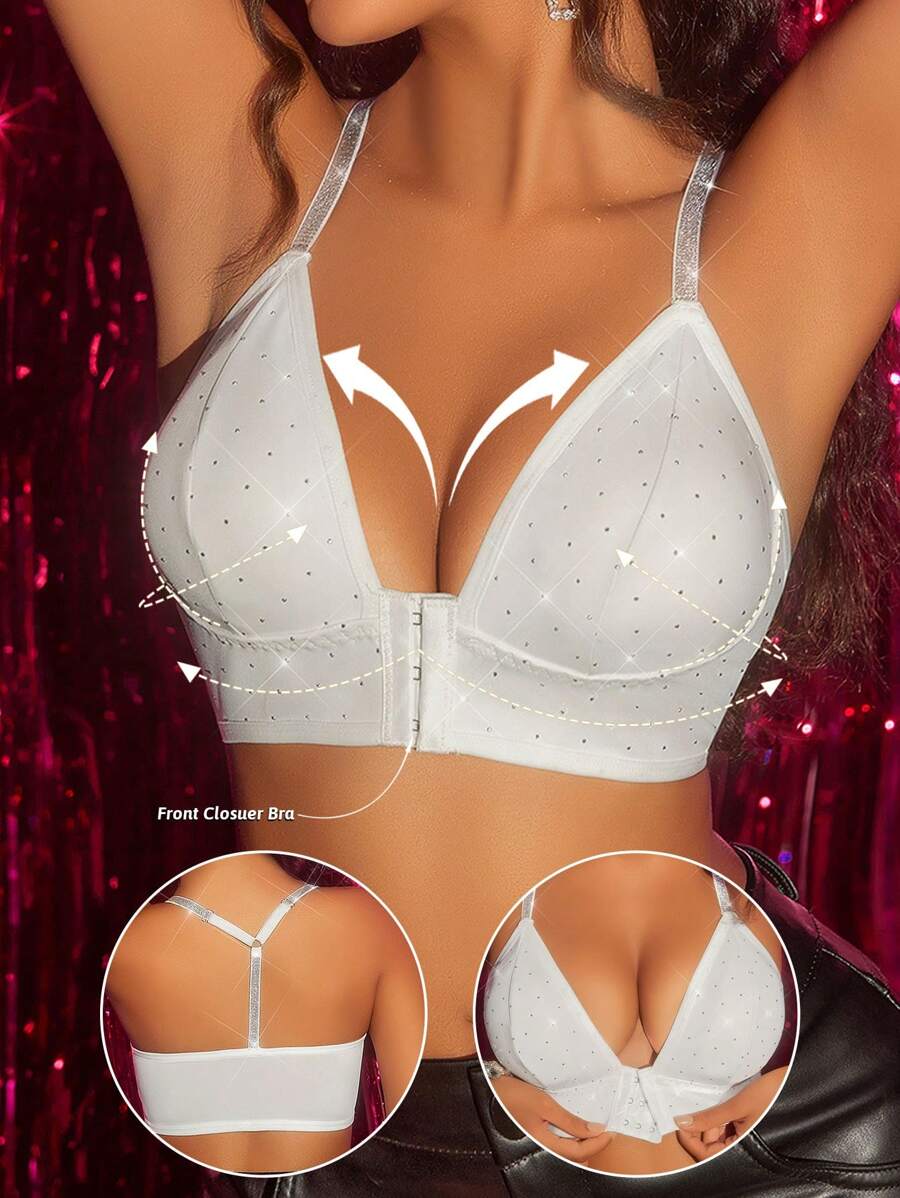 Brasier de lencería con cierre delantero y decoración de rhinestones para comodidad de la mujer