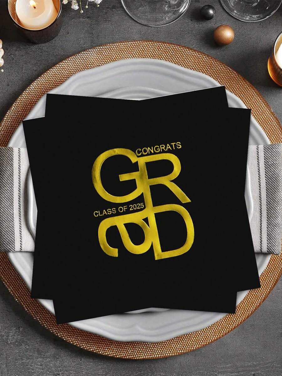 Congrats Grad Napkins, 20 Pcs Black And Gold 2025 Graduation Cocktail Napkins, Class Of 2025 College Graduates Party Dining Table Decorations