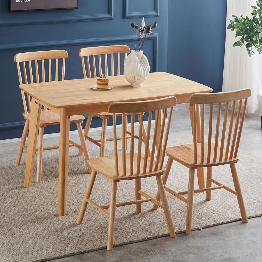 4-Piece Dining Chair Set, 100% Solid Rubber Wood, Natural Finish, Comfortable Design For Dining Room Or Living Room