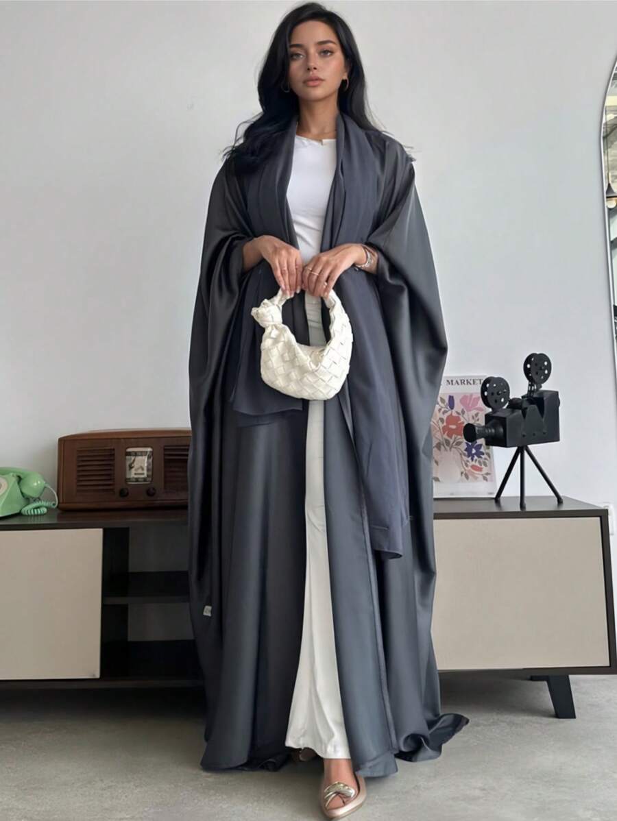 1 pieza Vestido musulmán casual y elegante para mujer, vestido musulmán con cárdigan de satén mate tipo murciélago, clásico y versátil