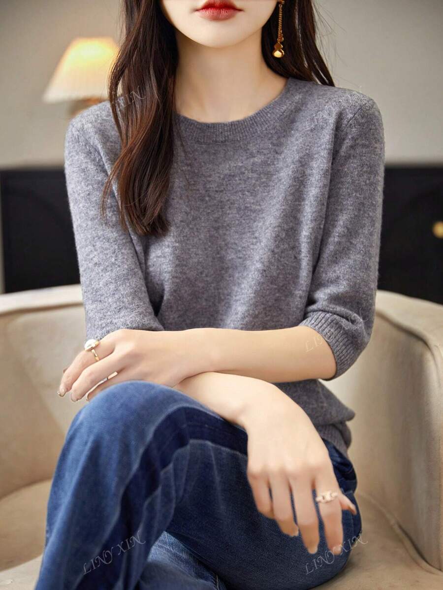 Top à encolure ronde et manches courtes pour femmes, printemps/été, de LINY XIN. Pull surdimensionné léger et doux en laine pure