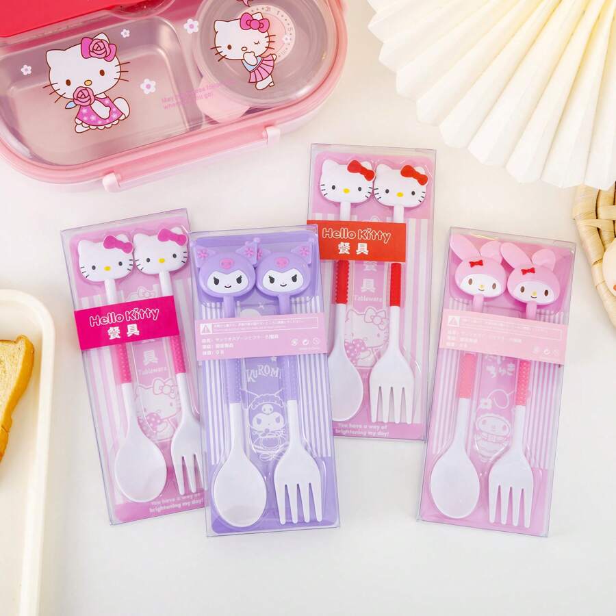 Sanrio 2 stuks/set Sanrio-serie Cartoon draagbare bestekset, inclusief vork en lepel in schattige KT-kat, Kuromi, My Melody-ontwerpen