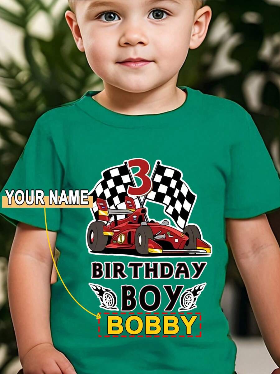3 Stück/Set Personalisiertes Geburtstags-Jungen-Rennprint-Grafik-T-Shirt, Jungen Kinder Sport Kurzarm Tops, Schneller Versand