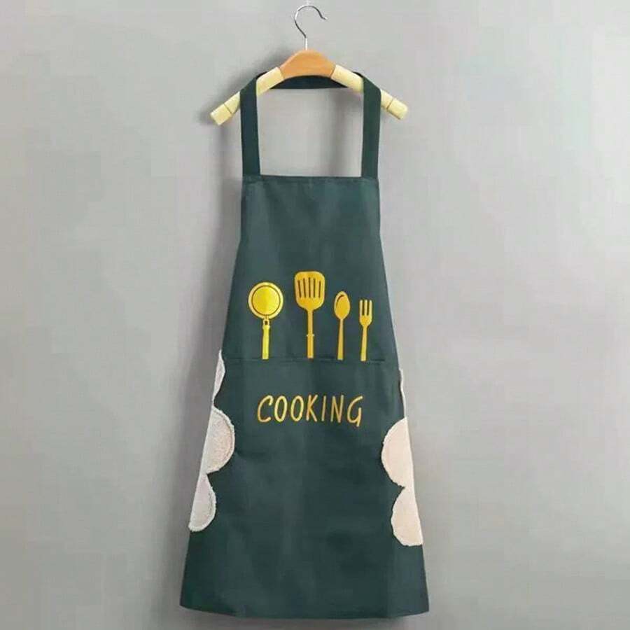 1 pièce Tablier vert, tablier de cuisine imperméable et résistant à l'huile, tablier de cuisine à essuyer-main avec poche pour téléphone