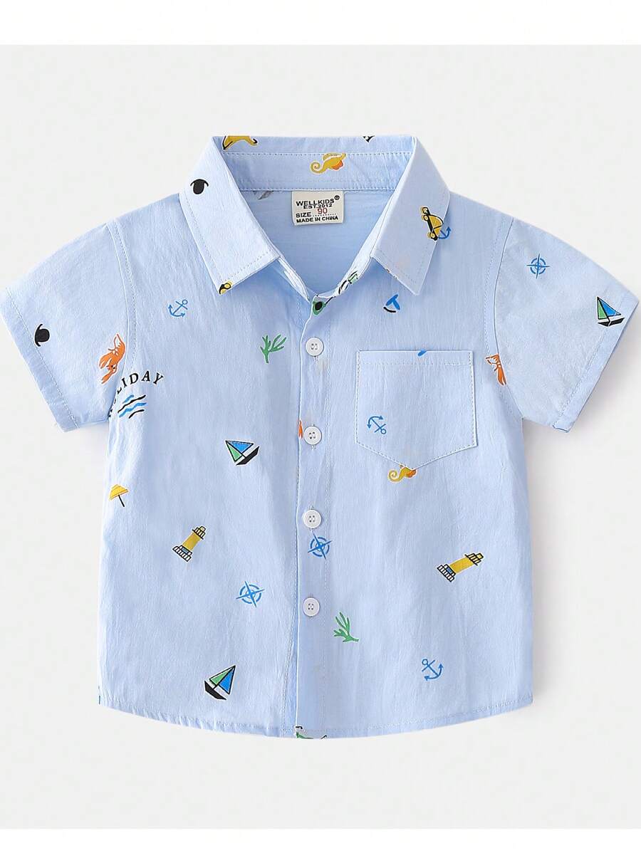 Camisa casual de manga corta con estampado de dibujos animados para niños pequeños, nueva llegada de verano