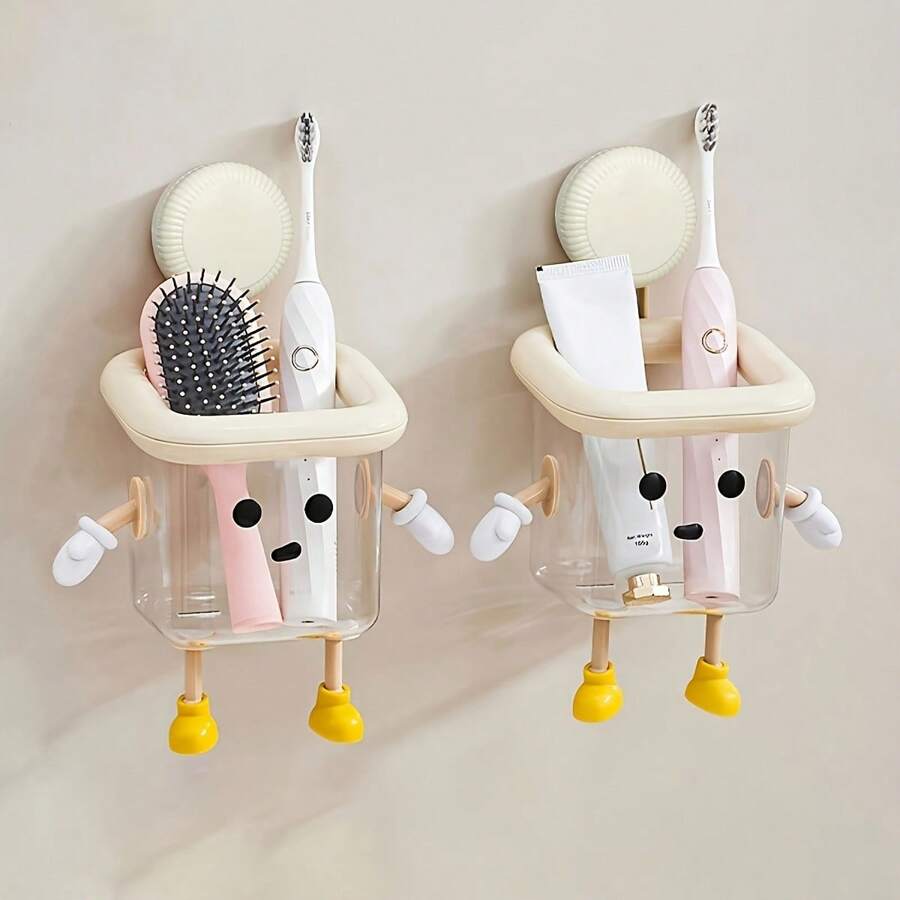 1pc Cartoon Toothbrush Holder, Wall Mounted Toothbrush Stand Without Drilling, Cute Home Decor Plastic Storage Box, Suitable For Sink Accessories, Durable Plastic Material