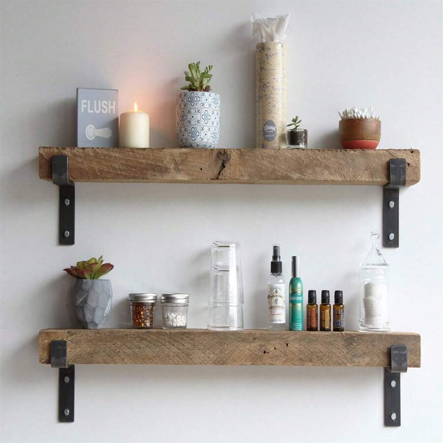 Accent Shelves | Reclaimed Barn Plank | Set Of 2 With Full Brackets (Natural 30" X 7" X 2")