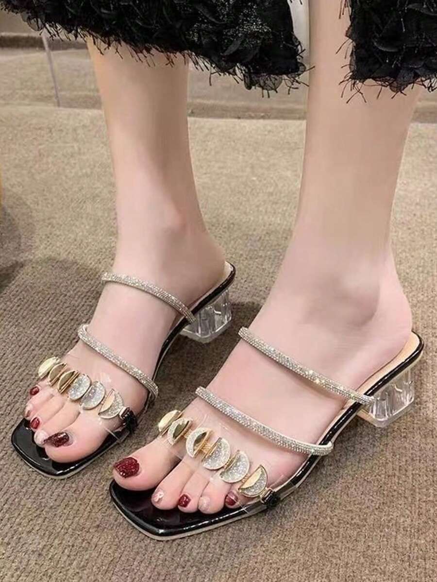 Chunky Heel Rhinestone Embellished Strap Sandals, French Style Crystal High Heels For Women, Summer