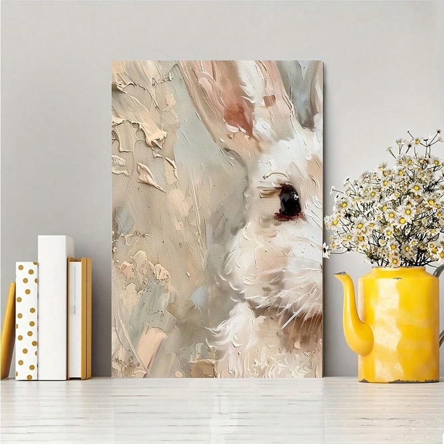 1pc Vintage White Rabbit Painting Canvas Print - Impressionistic Style, Unframed Wall Art For Spring & Easter Decor, Ideal For Living Room, Bedroom, Home Office - Chic Holiday Gift, Bedroom Wall Art, No Frame Gifts Birthday Graduation