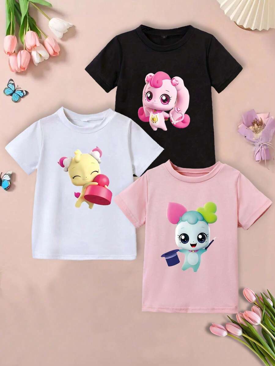 3 PIECES Of Girls Cartoon Character Print Casual Round Neck Short-Sleeved T-Shirt, Suitable For Spring, Summer And Autumn Fashion Clothing