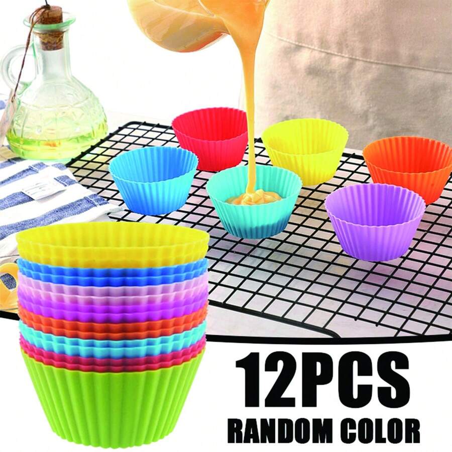 12pcs Silicone Cake Mold - Round Shaped Muffin Cupcake Baking Molds For DIY Cake Decorating And Kitchen Cooking - Bakeware Maker For Perfectly Shaped Cakes And Treats
