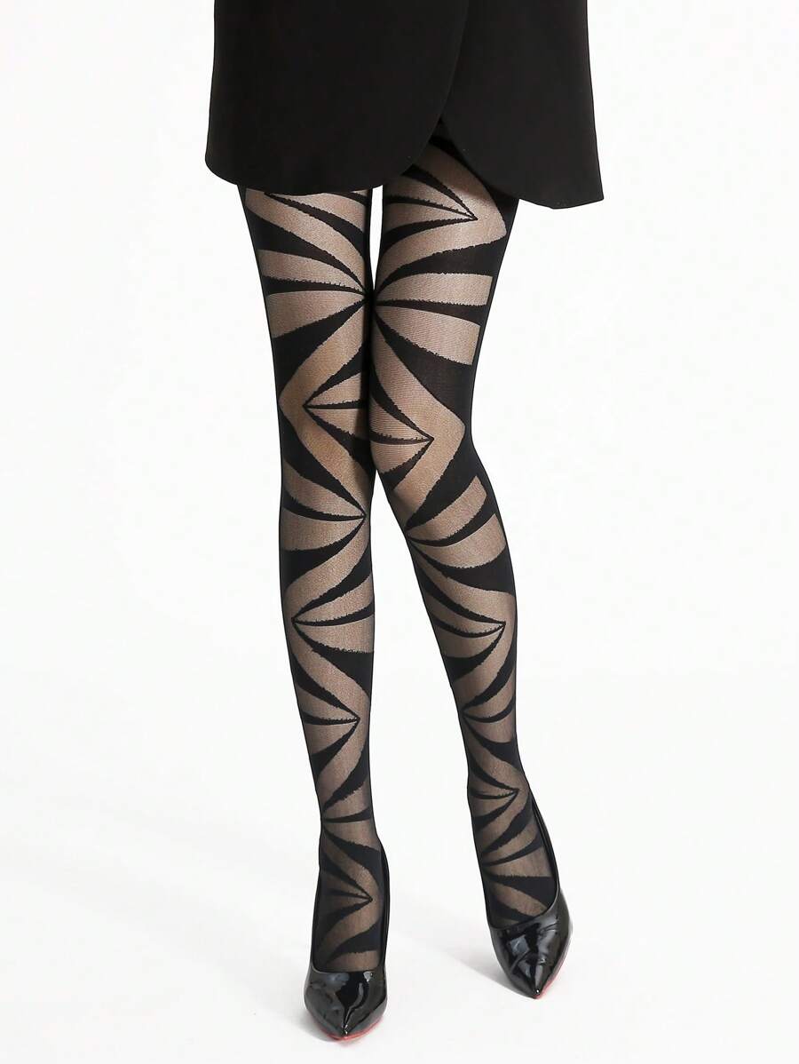 1pc Black Geometric Pattern Pantyhose For Women, Super Thin Breathable Nylon, High Stretch Skinny Tight Pants, Suitable For Daily Wear/Party & Banquet