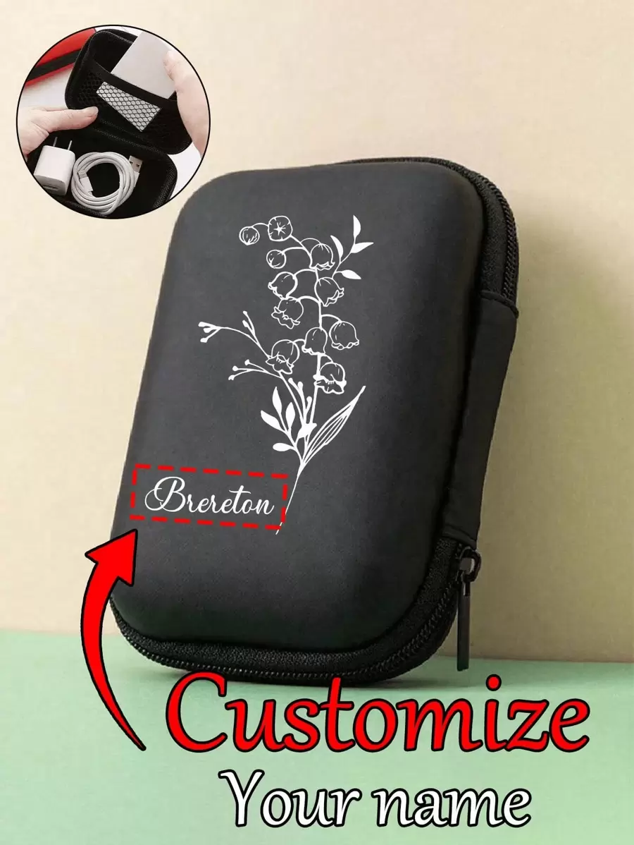 Customized Name Black Storage Bag, Digital Storage Bag With White Flowers And Customized Art Words, Hard Shell Power/Mouse Storage Bag, Portable Protective Case For Travel Digital Camera, Bluetooth Earphone Storage Bag, Multifunctional Mobile Data Cable Charger Storage Box, Usb Flash Drive, Usb Shielded Earphone Protection Bag Valentines Purses And Bags Girl