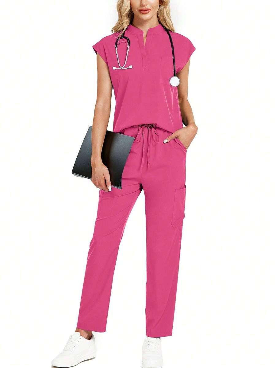 2 pièces/Set Ensemble de tenue professionnelle avec Top à encolure encochée et pantalon, Tenue de soins de santé
