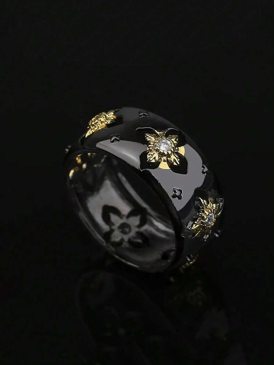 1pc Goth Cross-Shaped Zirconia Black & Golden Jewelry Ring, Elegant Party Jewelry