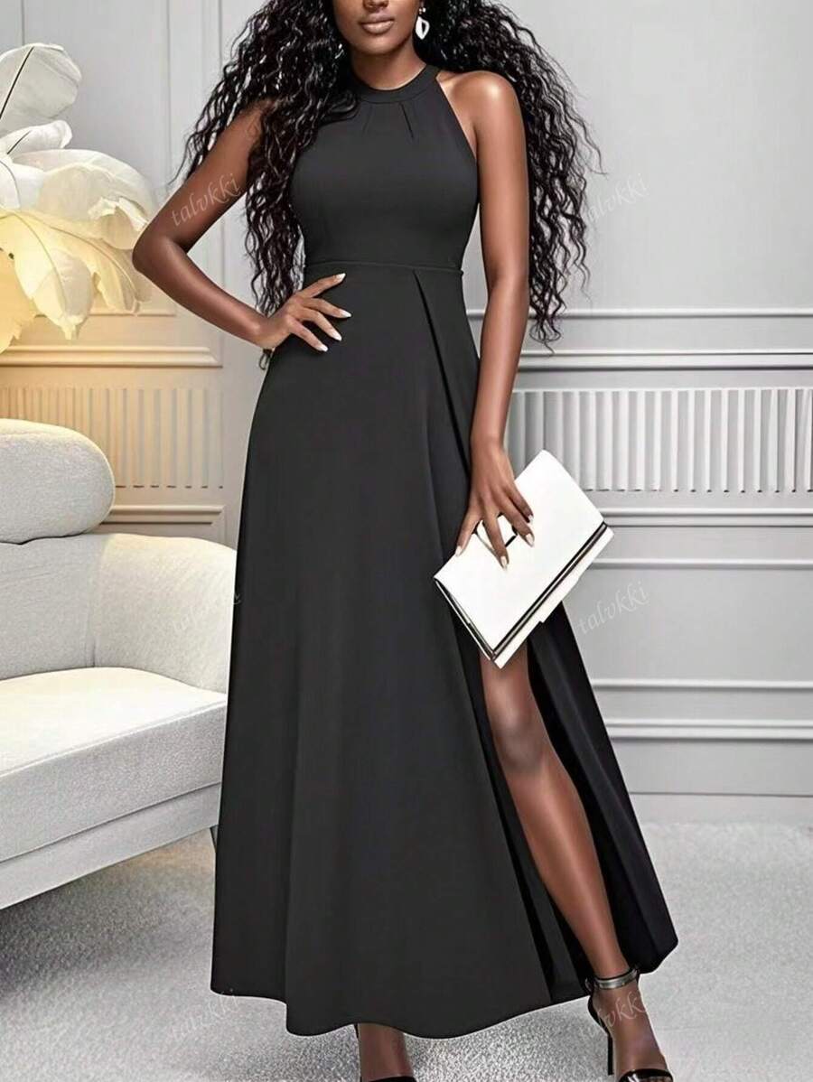 Women's Elegant Solid Color Slit Halter Formal Cocktail Dress, Party Dress, Wedding Guest Dress